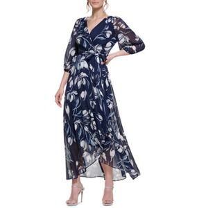 DKNY Navy Floral Wrap Maxi Dress Sheer Sleeve Tie Waist Size 2 NWT